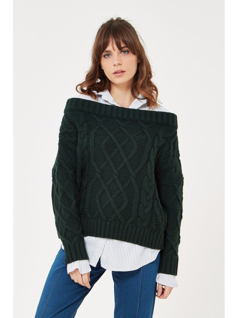 Cable Knit Sweater with Faux Shirt Attached Under Shirt-Sweater-Leggsington