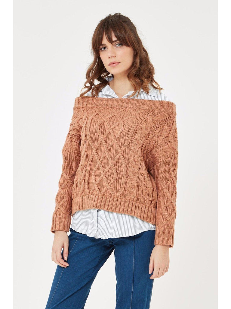 Cable Knit Sweater with Faux Shirt Attached Under Shirt-Sweater-Leggsington